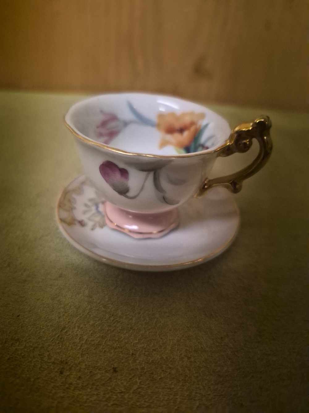 VTG Miniature Occupied Japan Teacup & Saucer Set Satsuma Pink Gold Floral